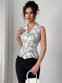 Elenzga Elegant Geometric Print Collared Pleated Sleeveless Blouse - White - View 5