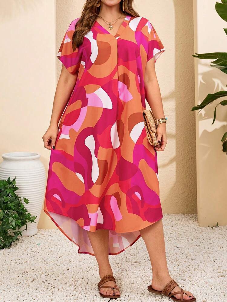Plus Size Women's Summer Casual Vacation Colorful Color Geometric Pattern V-Neck Short Sleeve Casual Shorter In Front And Longer In Back Loose Long Dress,Summer Holiday,Spring Break Outfits ,Vacation Outfits Women ,Holiday Outfits For Women,Going Out Outfits,2026 New Clothes,Simple And Fashionable For Everyday Wear,Suitable For Summer, Vacation, Daily Wear,Casual Dresses For Women,Flowy Dress ,Beach Outfits For Women