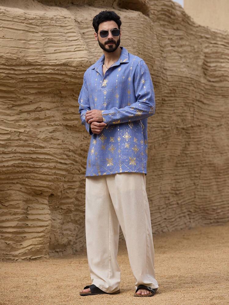Spring Long Blue Shirt With Gold Foil Design, Middle Eastern Style For Men Summer Long Sleeve Tops Women