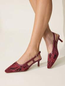 CUCCOO CHICEST New Burgundy Embroidered Mesh Beaded Square Toe Stiletto Heel Elegant Party Ankle Strap Pumps For Women Wedding Shoes Spring Shoes Bride Shoes - Burgundy - View 6