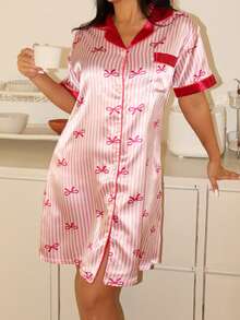 Camisón de mujer con cuello abierto, lazo y estampado de manga corta - Multicolor - Ver 3