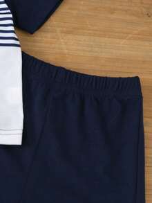 SHEIN 男婴夏季海军蓝白条纹拼接短袖上衣短裤套装，修身舒适设计，适合日常外出、学校活动、家庭聚会、户外玩耍 - 藍色 - 查看 5