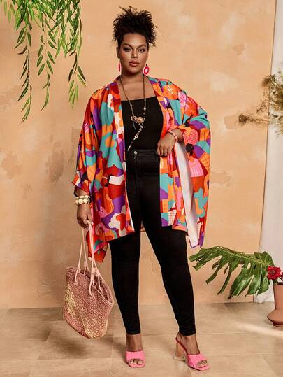 EMERY ROSE 大码女式宽松开襟夹克，饰有度假图案