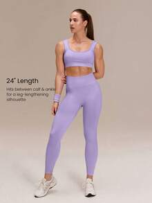 GLOWMODE Set Bra Olahraga Ultra Halus Lembut Tanpa Jahitan dengan Leher Persegi, Cup yang Dapat Dilepas, Bergaris di Bawah Dada, dan Legging Pengangkat Bokong 24" untuk Lari, Latihan, dan Gym. - Lilac Dream - View 4