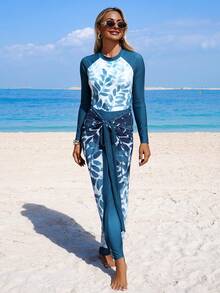 Swim Mulvari Bộ áo liền quần dài tay in họa tiết lá cây dành cho nữ, gồm áo tắm burkini và chân váy, thích hợp cho mùa xuân/hè, đi biển, dự tiệc. - Màu xanh lam - Xem 5