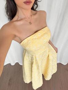 Firerie Vestido midi de talle alto y línea A, con textura, elegante y romántico para mujer, sin tirantes, color amarillo, adecuado para citas, vacaciones y fiestas - Amarillo - Ver 7