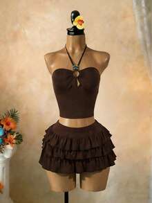 SaltGleam SaltGleam 性感优雅度假风露背系带荷叶边上衣和迷你裙两件套 - 棕色 - 查看 3