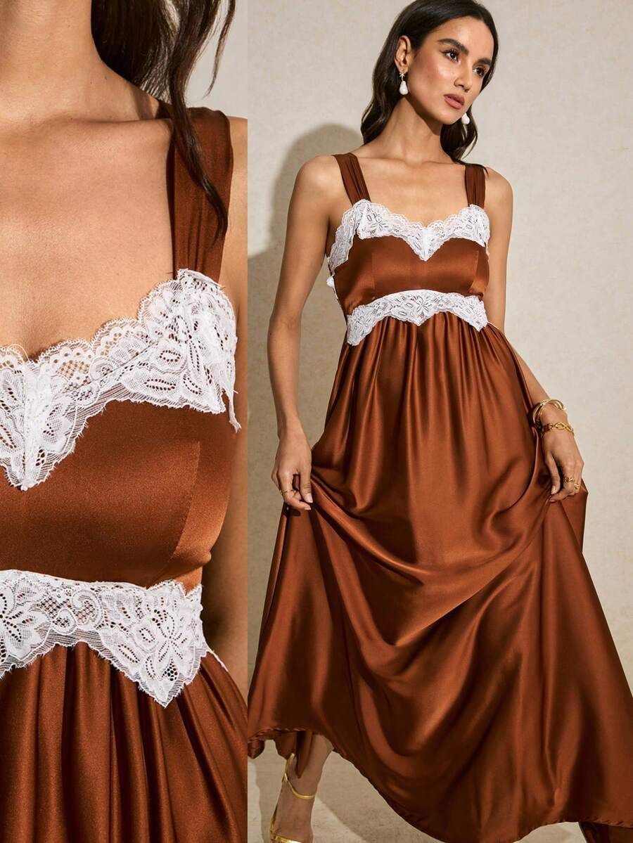 Poéselle 女士长款花卉边饰缎面连衣裙 - 棕色 - 查看 1