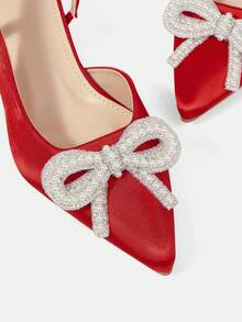 CUCCOO HITCHD Women's High Heel Pumps, Elegant & Luxurious Pointed Toe With Rhinestone, Pearl, Bow Tie & Chain Decor, Red Satin Bridal, Bridesmaid, Wedding Guest Party Shoes - Rose Red - View 4