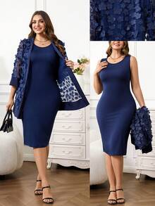 Reflora 大尺碼女款兩件套，優雅海軍藍夏季刺繡襯衫 & 中長裙婚禮賓客套裝，奢華嘉年華休閒女裝 - 藍色 - 查看 3