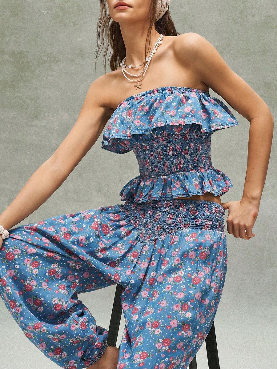 Bohemela Women's Vacation Casual Ditsy Floral Ruffle Hem Tube Top And Pants 2-Piece Set - Blue - View 1