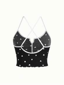 Heart Print Contrast Binding Bow Front PJ Set / Pajama Set - Black - View 3