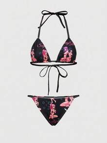 ROMWE 2-Piece Anime Style Soft Cup Tied Bikini Swimsuit Set For Women - Black - View 1