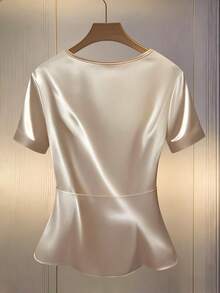 Franclia Women's Elegant Champagne Satin Blouse, Summer Office Commuting Minimalist Draped Collar Pleated Faux Button Decor Asymmetric Hem Formal Tops - Apricot - View 2