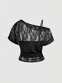 SHEIN MOD 加大码黑色蕾丝不对称领口衬衫 - 黑色 - 查看 4
