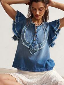 Bohemela 休闲纯色梭织宽松荷叶边下摆女式衬衫 - 藍色 - 查看 4