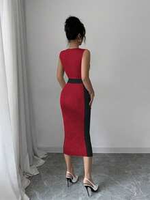 Rafferiza Petite Đầm bó sát màu tương phản thanh lịch dành cho nữ khi đi làm - Đỏ - Xem 2