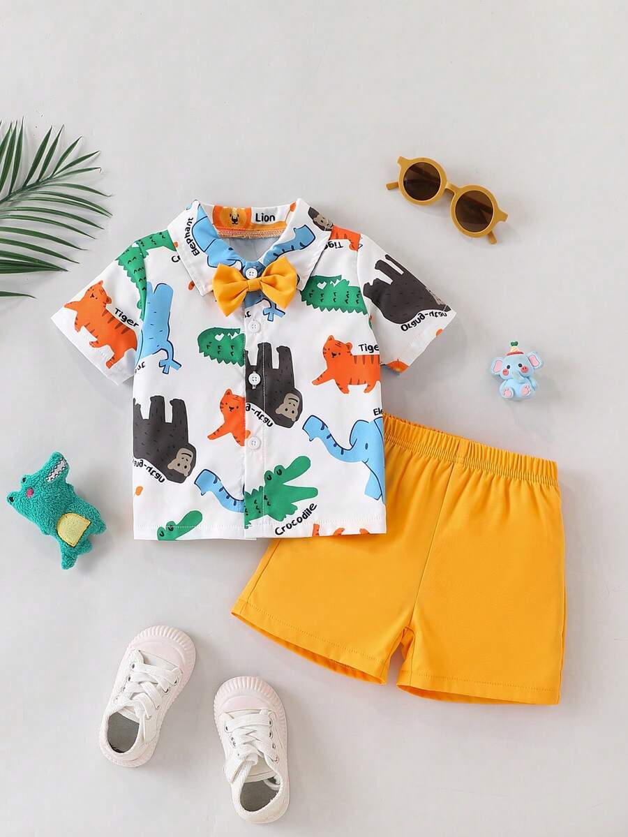 SHEIN Playful Pals 2pcs/Set Baby Boy Cute Animal Print Polo Shirt And Shorts,White,Summer,Casual,Family Matching,Party,Infant Toddler Newborn Zoo Dinosaur Outfit - Yellow - View 1