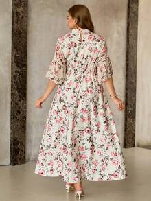 Roveilla Plus Size Pink Floral V-Neck Ruffle Sleeve Cinched Waist Maxi Dress,Elegant Summer French Style Wildflower Cottagecore Modest Easter Tea Party Outfit - Apricot - View 2