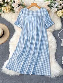 Rusticease 女士格子印花圆领荷叶边下摆休闲迷你连衣裙 - 藍白色 - 查看 3