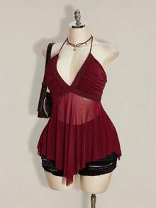 SHEIN ICON 大码交叉吊带不对称网纱拼接女式背心 - 玫瑰紅 - 查看 3