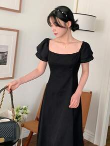 DAZY Đầm midi nữ màu đen dáng chữ A cổ vuông, eo xếp ly, tay bồng, thích hợp cho mùa hè. - màu đen - Xem 6