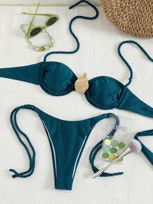 Swim Chiccia Bikini de mujer con aro, copa suave y diseño push up, que realza las curvas; tela iridiscente con empalme de cuerda retorcida de alta gama, decoración metálica elegante, Bottom con lazos ajustables, adecuado para la playa o fiestas en la piscina - Agua verde azul - Ver 3