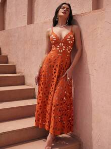 Swim Oasis Summer New Laser Cut-Out Backless Sexy One-Piece Swimsuit Dress Set, High-End Fashion Swimwear - Redwood - View 11