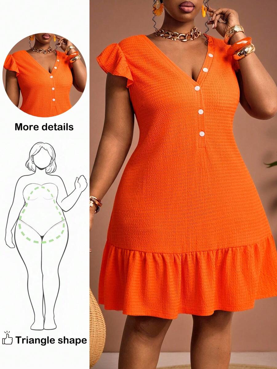 Truni Robe d'été décontractée pour femmes grandes tailles, convient pour les festivals de musique, Pâques, le style occidental, les anniversaires, les remises de diplômes, le port quotidien des étudiantes. Polyvalente et pratique, pour les vacances décontractées, les croisières, la plage, le bronzage, la détente. Tissu texturé, silhouette ample en A, décoration de boutons. Robe de plage orange, robe d'été orange, tenue de vacances, manches à volants, ourlet à volants, robe boutonnée devant, robe d'été grande taille, robe boutonnée, robe évasée, robe d'été pour morphologie en poire et triangle