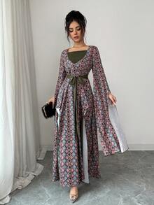 Elenzga Vestido de estampado de estilo vacacional con parche de cuello y cinturón de color contrastante para mujer - Multicolor - Ver 1