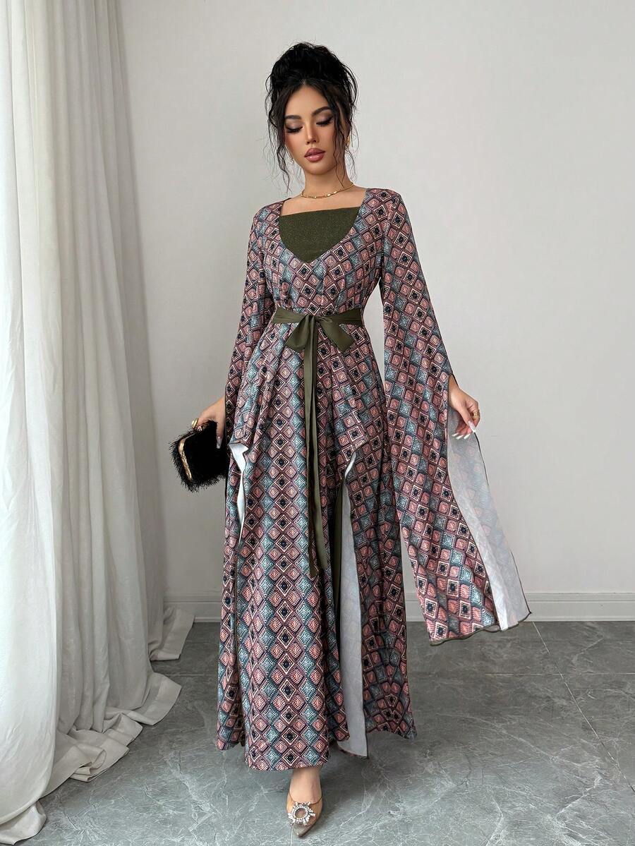 Elenzga Vestido de estampado de estilo vacacional con parche de cuello y cinturón de color contrastante para mujer - Multicolor - Ver 1