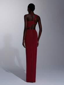 Elitara Elegant Luxury Cream Satin One-Shoulder Eyelash Collar Ruched Waist Splice Fishtail Hem Dress, Suitable For Festivals, Weddings, Galas, Concerts, Business Events, Influencer Activities (Adult) - Red - View 2