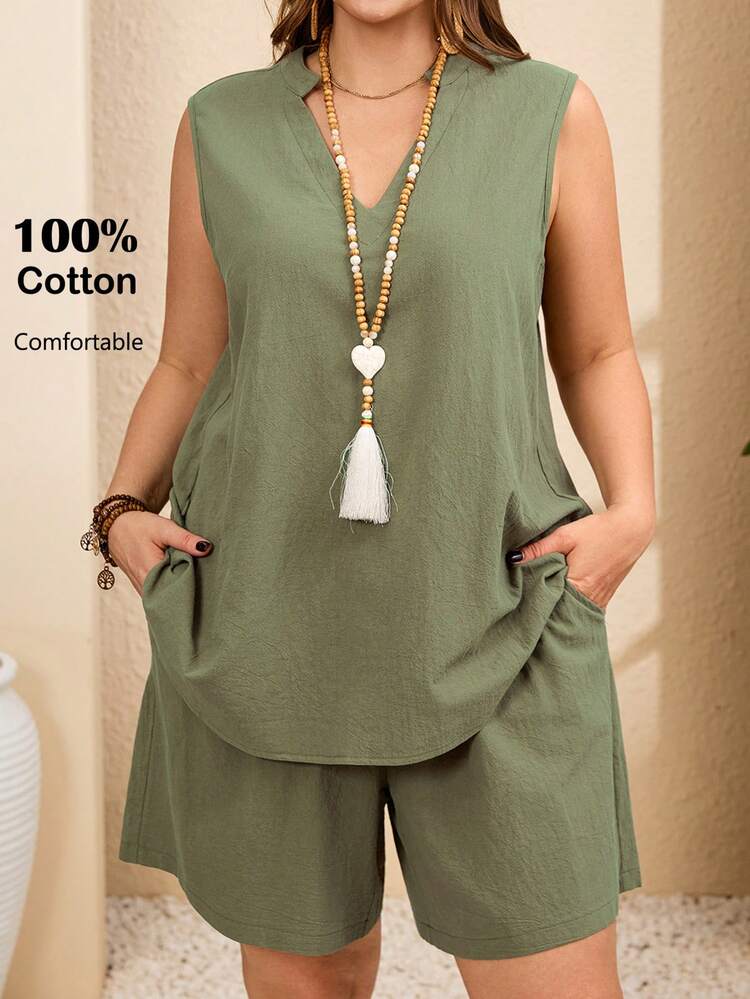 2pc Set Plus Size Women's Summer Casual Vacation Country Solid Color Green V-Neck Sleeveless Blouse Top Shirt And Shorts Casual 2-Piece Set  With Pockets,Summer Outfits For Women ,Vacation Outfits Women ,Holiday Outfits For Women,Going Out Outfits,2026 New Clothes,Simple And Fashionable For Everyday Wear,Suitable For Summer, Vacation, Daily Wear, Festival Outfits For Women,Country Concert Outfit,Beach Outfits For Women,Western Style