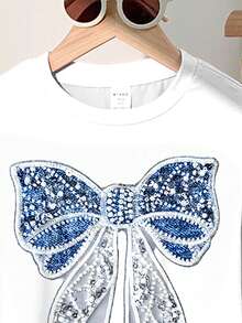 Bộ 2 món, phong cách giản dị tối giản sáng tạo cá tính tươi mới thanh lịch màu xanh dương và trắng bóng bẩy với họa tiết nơ trang trí, áo tay ngắn cổ tròn và quần ống loe, thích hợp cho mùa hè, đi chơi, dạo phố, ngày Valentine, hoặc để hai chị em gái cùng mặc. Quần jeans ống loe có nơ dễ thương. - Nhiều màu - Xem 4