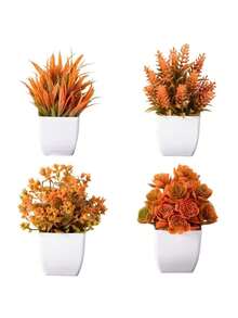 4件套仿真植物，橙色假花盆，秋季仿真植物，塑料假花盆，迷你仿真植物，白色花盆，适用于家居、办公室、餐桌、农舍、浴室、庭院、礼品、花园、户外植物、园艺、仿真花（1盆随机发货） - 橘色 - 查看 3