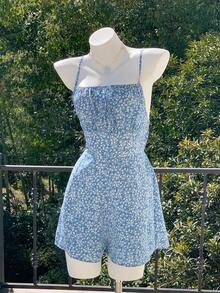 SHEIN EZwear 女士碎花吊带露背连体衣 - 淺藍色 - 查看 8