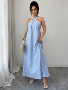 Louniche Women's Summer Cotton Blue Striped Criss-Cross Spaghetti Strap A-Line Sleeveless Open Shoulder Maxi Dress, Sexy Vacation Style, Bohemian Flowy Long Dress For Spring/Summer - Blue - View 1