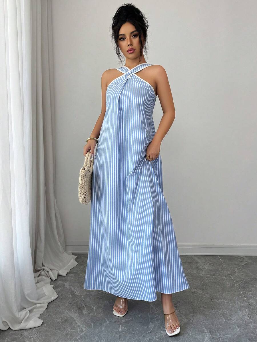 Louniche Women's Summer Cotton Blue Striped Criss-Cross Spaghetti Strap A-Line Sleeveless Open Shoulder Maxi Dress, Sexy Vacation Style, Bohemian Flowy Long Dress For Spring/Summer - Blue - View 1