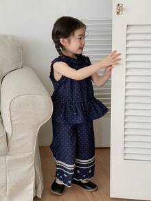 DAZY 2pcs Baby Girls' Polka Dot Washed Ruffle Hem Loose Wide Leg Casual Jeans Set - Blue - View 3