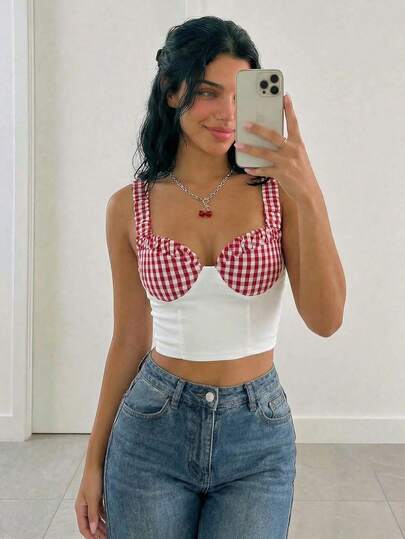 Sweetina Women's Plaid Patchwork Fitted Casual Top, Versatile For Dates And Outings