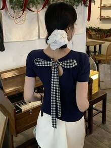 DAZY Áo thun nữ tay ngắn cổ tròn màu trơn kiểu Hàn Quốc thường ngày - Màu xanh lam - Xem 7