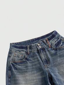 ROMWE Avant Nuevos jeans retro de cintura baja con bordado de geisha y lirio al estilo chino para mujeres - Azul - Ver 4