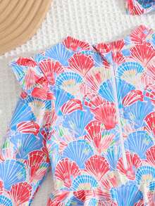 Baby Girls Shell Print One-Piece Long Sleeve Zipper Ruffle Swimsuit,Toddler Retro Floral Bathing Suit With Hair Accessory,Summer Holiday Beachwear - Multicolor - View 4