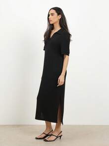 KSTM 翻领针织中长连衣裙，长袖V领黑色连衣裙，侧开衩设计，秋冬季优雅办公室职业装 - 黑色 - 查看 3