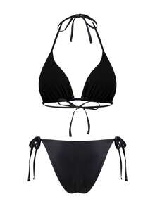 ROMWE Goth 女士休闲度假沙滩派对优雅骷髅图案抽绳蝴蝶结比基尼两件套泳衣 - 黑色 - 查看 2