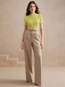 Anewsta Essential Anewsta 夏季优雅度假海滩节日休闲女式针织纹理褶皱杏色短袖T恤 - 橄欖綠 - 查看 7