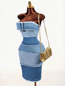 Mistrie Women's Denim Extra Long High Slit Dress - Blue - View 5