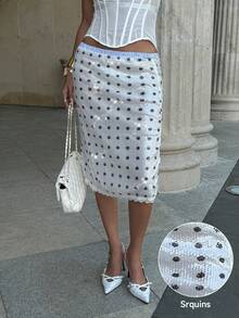 Siren Gaze Women's Elegant Casual White Black Polka Dot Sparkly Sequin Low Waist Side Split Lace Trim Bodycon Midi Skirt, Summer Vacation Holiday Party Night Out Club Outfit White Sequin Skirt Slip Skirt Polka Dot Midi Skirt Sequins Skirt White Polka Dot Skirt - White - View 2