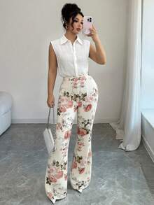 Elenzga Women's Floral Print Flare Leg Elegant Office Pants - Multicolor - View 2