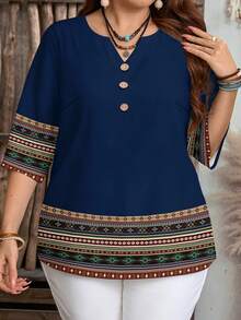 EMERY ROSE Plus Size Women Casual Striped Patchwork Short Sleeve Shirt, Suitable For Summer - Multicolor - View 5